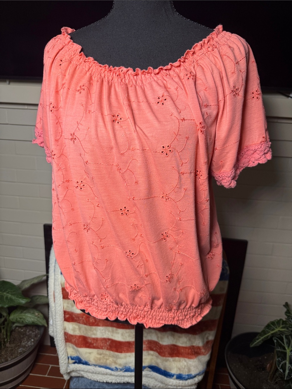 French Laundry Coral Eyelet Off-Shoulder Blouse
